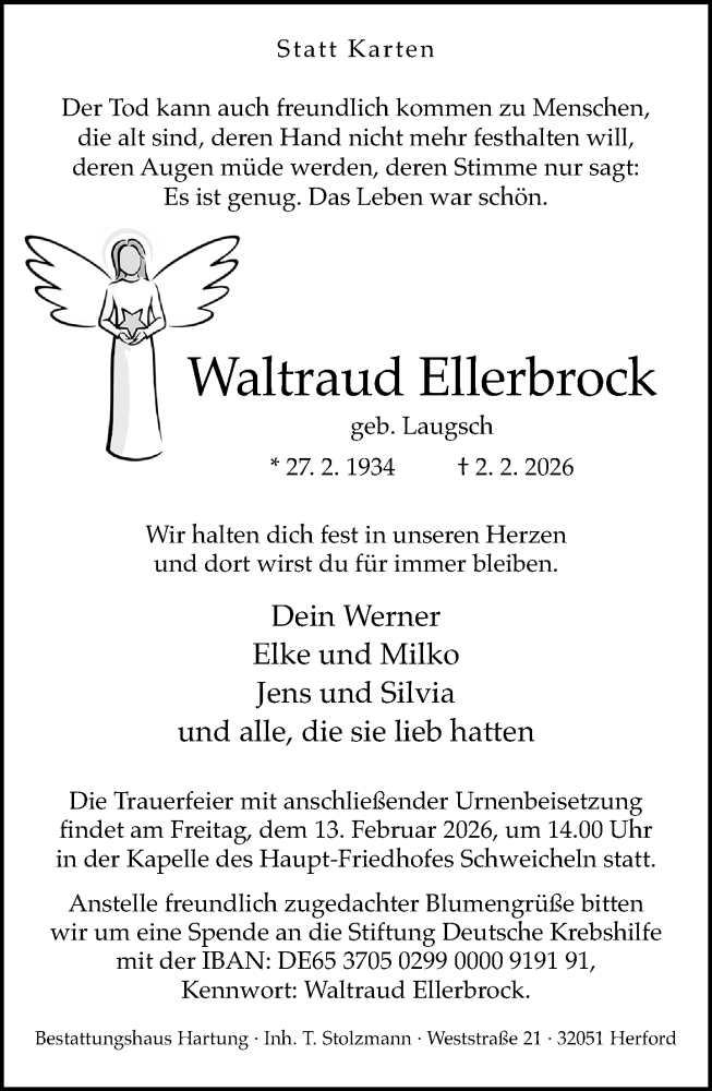  Traueranzeige für Waltraud Ellerbrock vom 07.02.2026 aus Neue Westfälische und Westfalen-Blatt