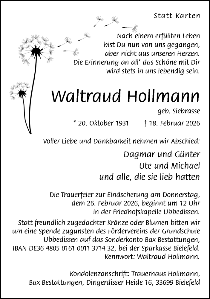  Traueranzeige für Waltraud Hollmann vom 21.02.2026 aus Neue Westfälische und Westfalen-Blatt