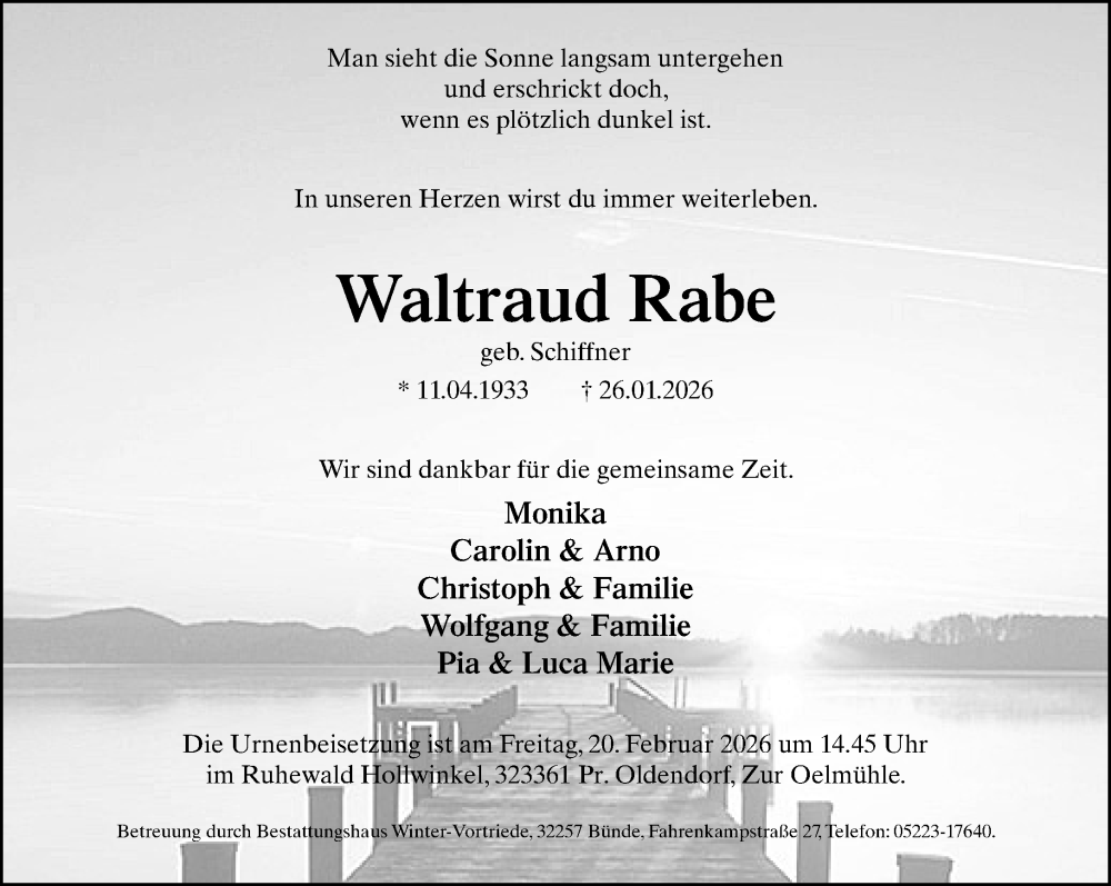  Traueranzeige für Waltraud Rabe vom 07.02.2026 aus Neue Westfälische und Westfalen-Blatt