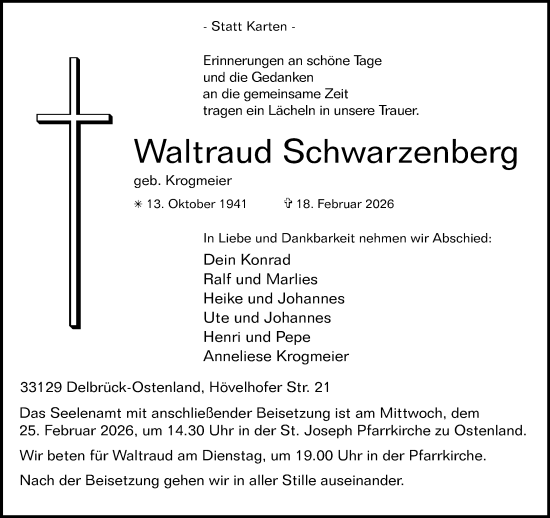Traueranzeige von Waltraud Schwarzenberg von Neue Westfälische und Westfalen-Blatt