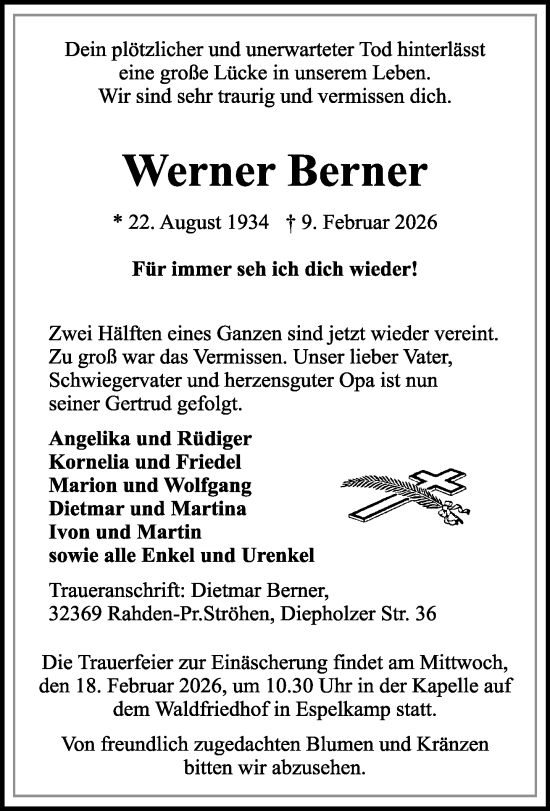 Traueranzeige von Werner Berner von Neue Westfälische und Westfalen-Blatt