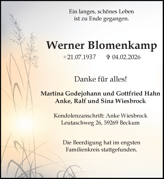 Traueranzeige von Werner Blomenkamp von Neue Westfälische und Westfalen-Blatt
