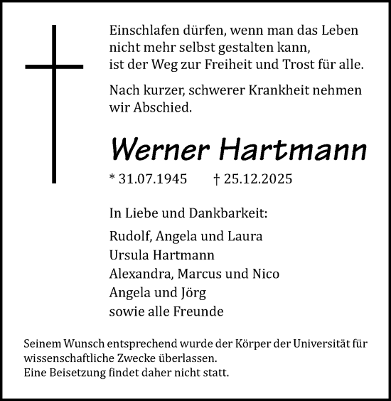 Traueranzeige von Werner Hartmann von Neue Westfälische und Westfalen-Blatt