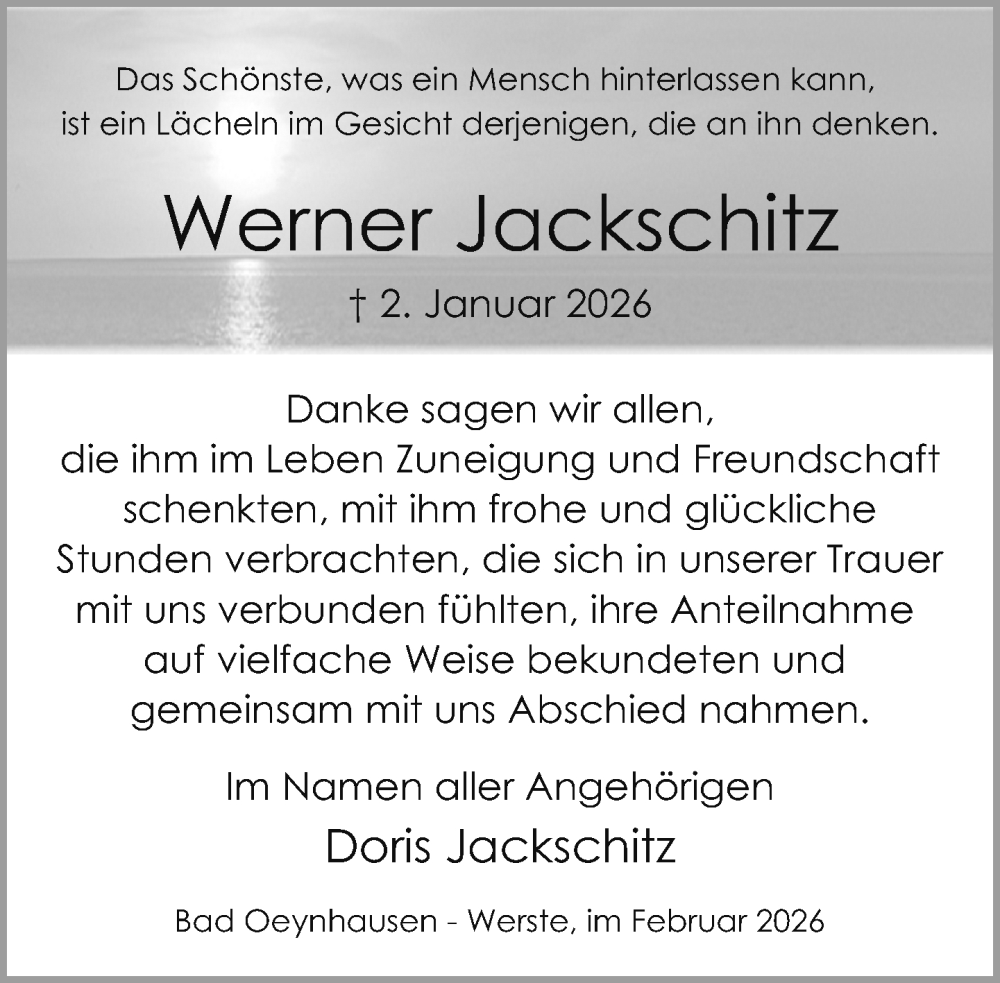  Traueranzeige für Werner Jackschitz vom 07.02.2026 aus Neue Westfälische und Westfalen-Blatt