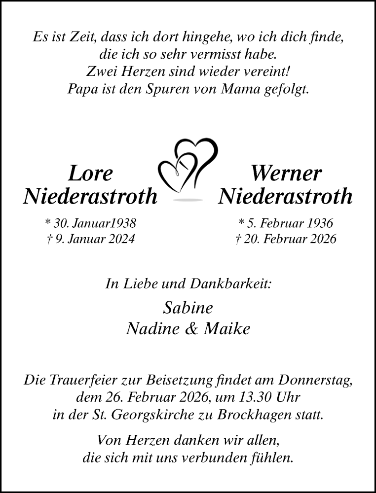  Traueranzeige für Werner Niederastroth vom 24.02.2026 aus Neue Westfälische und Westfalen-Blatt
