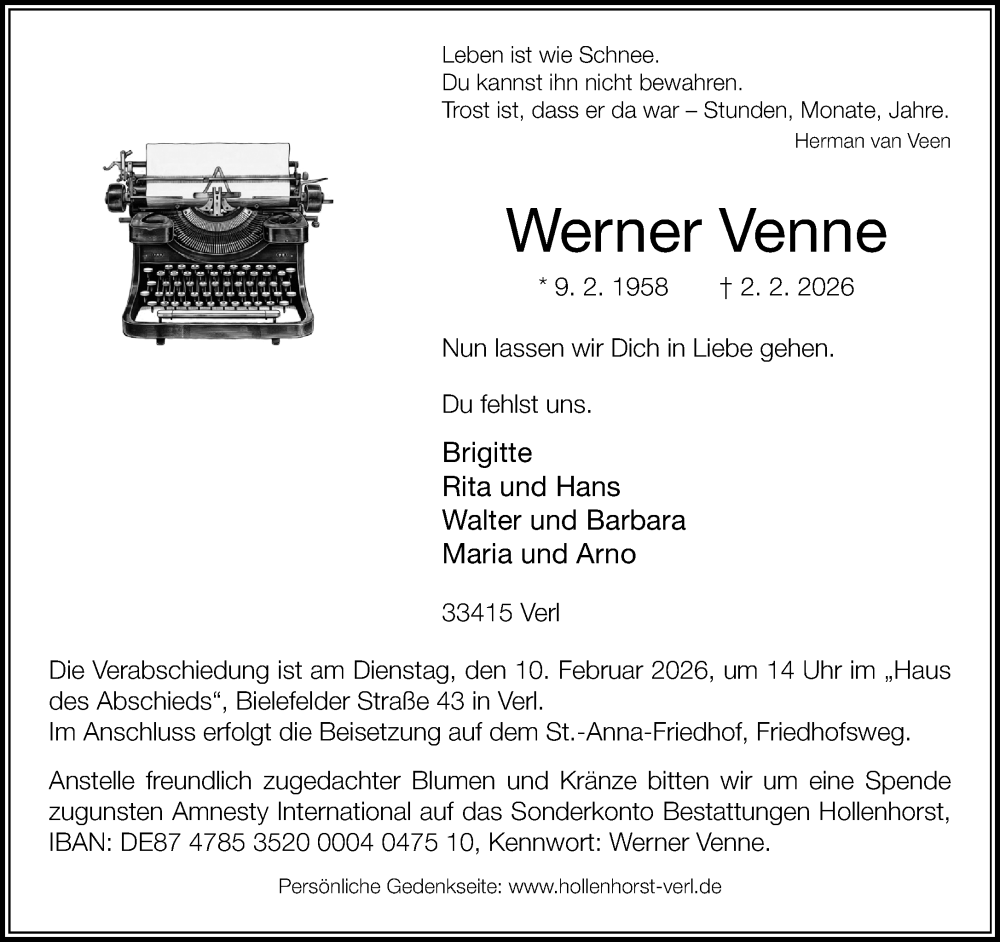  Traueranzeige für Werner Venne vom 07.02.2026 aus Neue Westfälische und Westfalen-Blatt