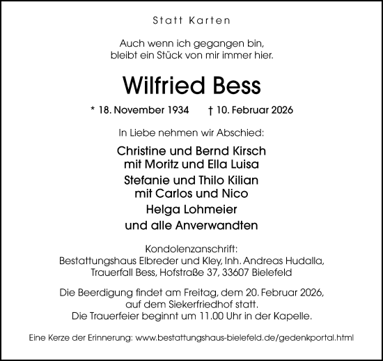 Traueranzeige von Wilfried Bess von Neue Westfälische und Westfalen-Blatt