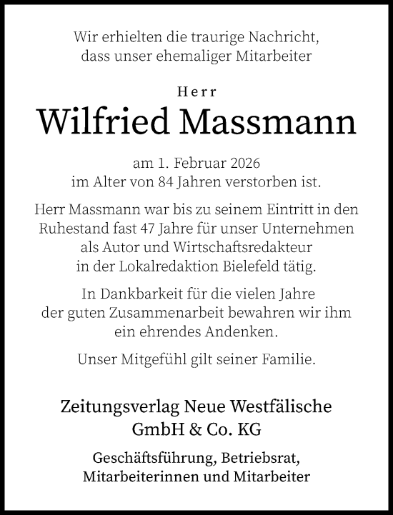 Traueranzeige von Wilfried Massmann von Neue Westfälische und Westfalen-Blatt