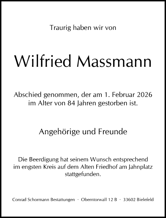 Traueranzeige von Wilfried Massmann von Neue Westfälische und Westfalen-Blatt