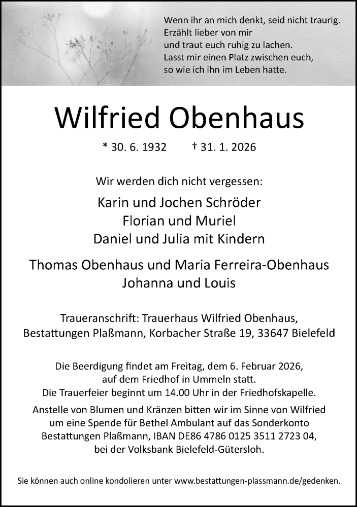  Traueranzeige für Wilfried Obenhaus vom 04.02.2026 aus Neue Westfälische und Westfalen-Blatt