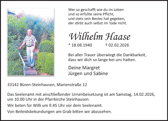 Traueranzeige von Wilhelm Haase von Neue Westfälische und Westfalen-Blatt
