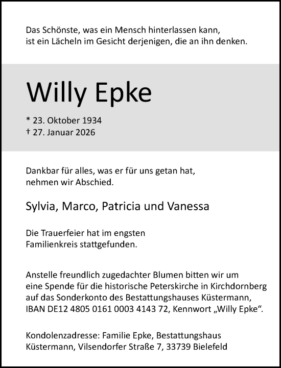 Traueranzeige von Willy Epke von Neue Westfälische und Westfalen-Blatt