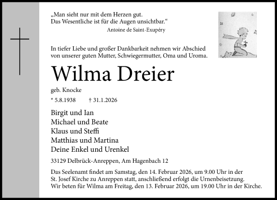 Traueranzeige von Wilma Dreier von Neue Westfälische und Westfalen-Blatt