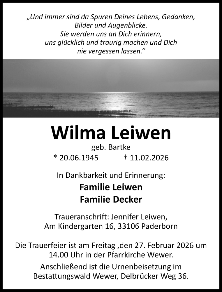  Traueranzeige für Wilma Leiwen vom 21.02.2026 aus Neue Westfälische und Westfalen-Blatt