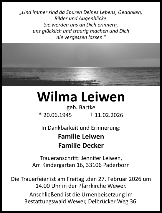 Traueranzeige von Wilma Leiwen von Neue Westfälische und Westfalen-Blatt