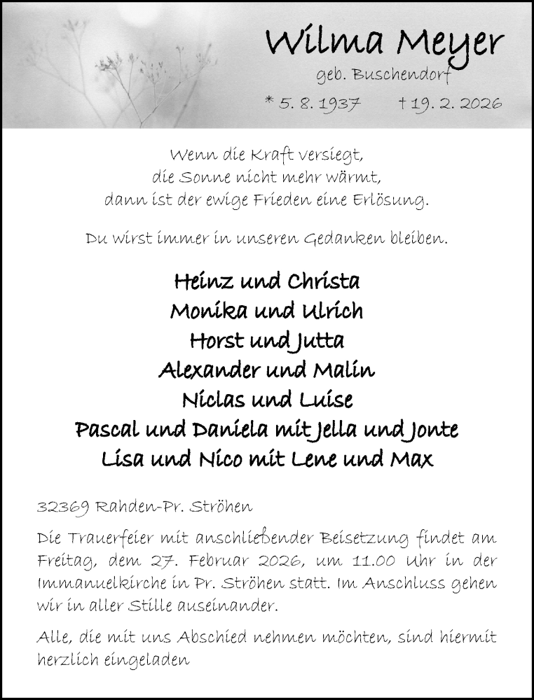  Traueranzeige für Wilma Meyer vom 24.02.2026 aus Neue Westfälische und Westfalen-Blatt