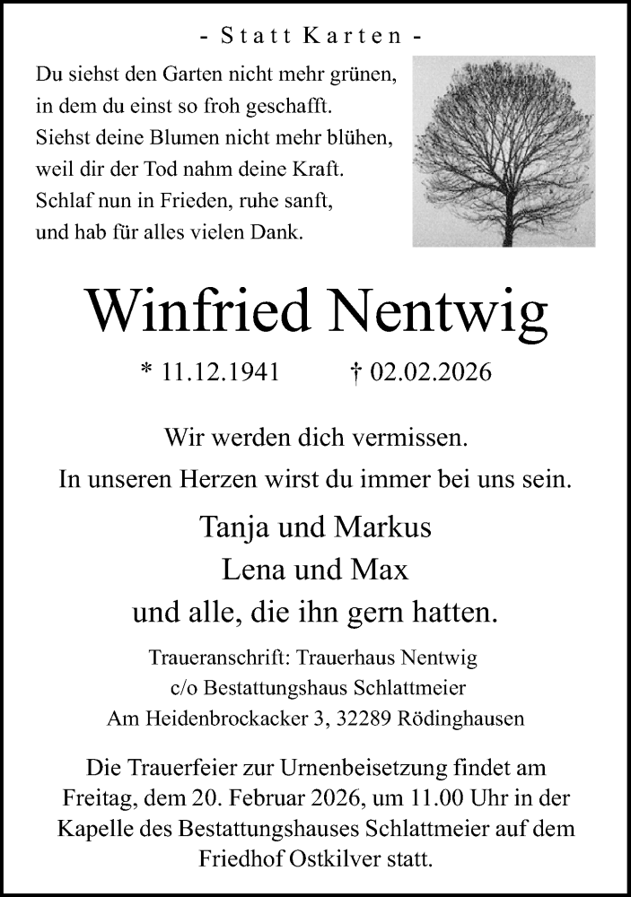  Traueranzeige für Winfried Nentwig vom 14.02.2026 aus Neue Westfälische und Westfalen-Blatt