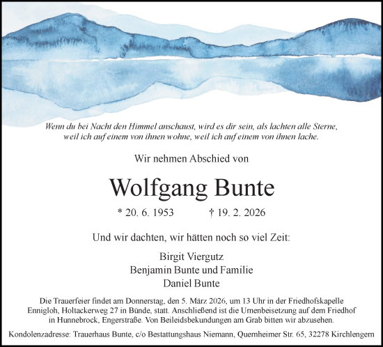 Traueranzeige von Wolfgang Bunte von Neue Westfälische und Westfalen-Blatt