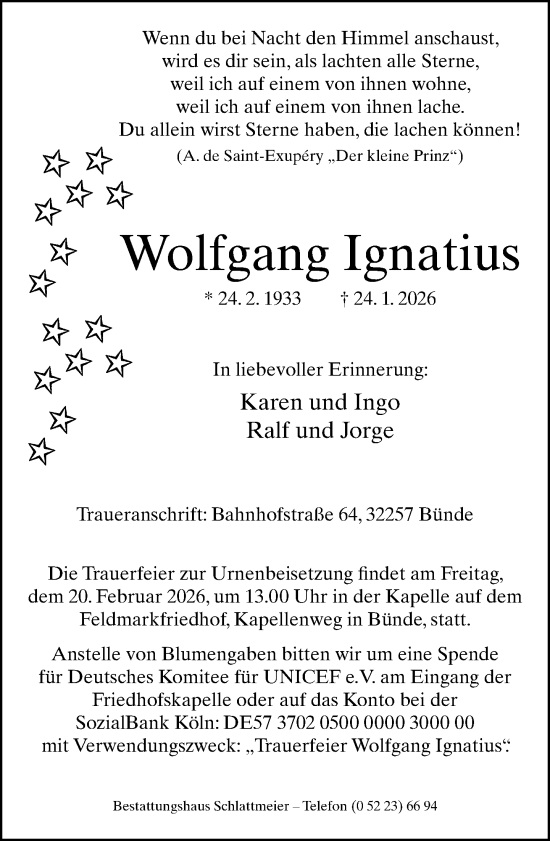 Traueranzeige von Wolfgang Ignatius von Neue Westfälische und Westfalen-Blatt