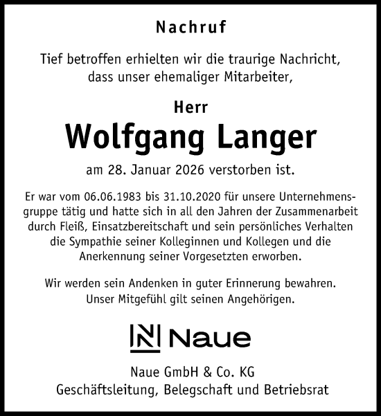 Traueranzeige von Wolfgang Langer von Neue Westfälische und Westfalen-Blatt
