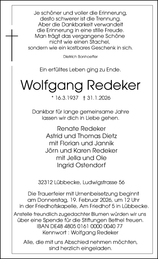 Traueranzeige von Wolfgang Redeker von Neue Westfälische und Westfalen-Blatt