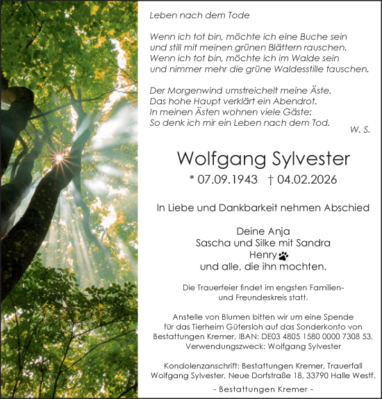 Traueranzeige von Wolfgang Sylvester von Neue Westfälische und Westfalen-Blatt