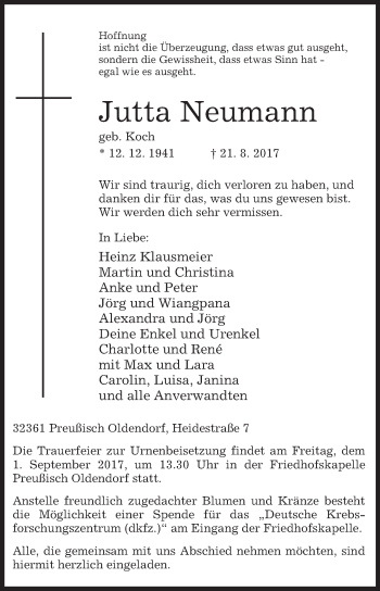 Traueranzeige von Jutta Neumann von Westfalen-Blatt