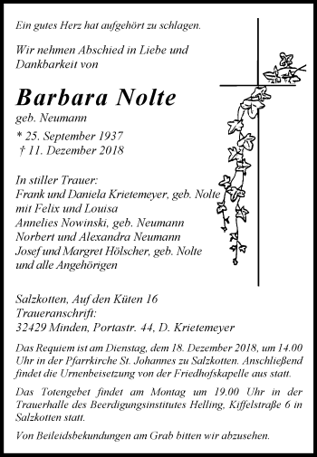Traueranzeige von Barbara Nolte von Westfalen-Blatt