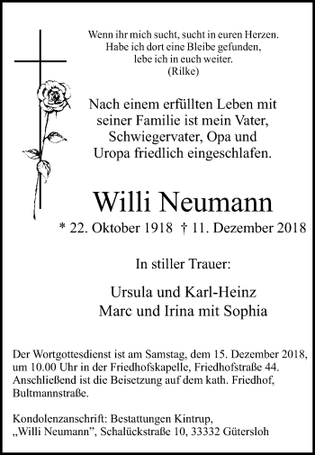 Traueranzeige von Willi Neumann von Westfalen-Blatt