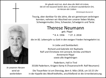 Traueranzeige von Therese Neumann von Westfalen-Blatt