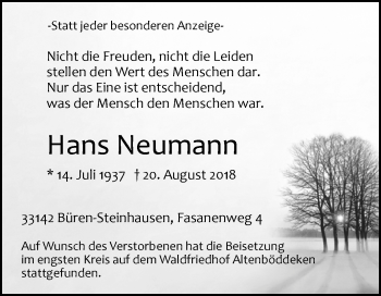 Traueranzeige von Hans Neumann von Westfalen-Blatt