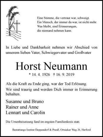 Traueranzeige von Horst Neumann von Westfalen-Blatt