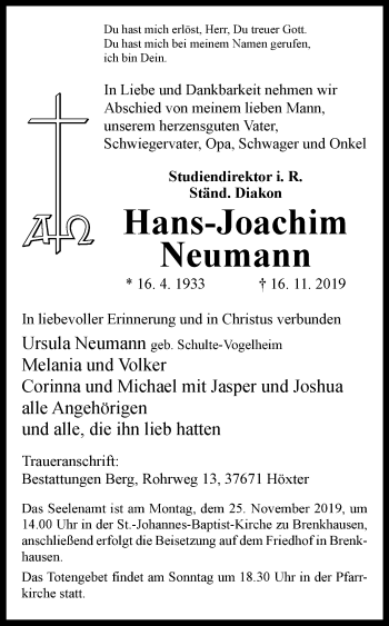 Traueranzeige von Hans-Joachim Neumann von Westfalen-Blatt