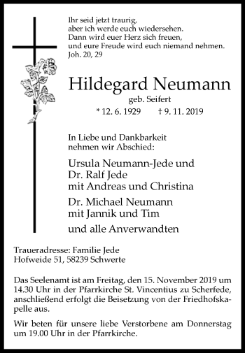 Traueranzeige von Hildegard Neumann von Westfalen-Blatt