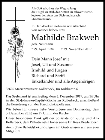 Traueranzeige von Mathilde Brakweh von Westfalen-Blatt