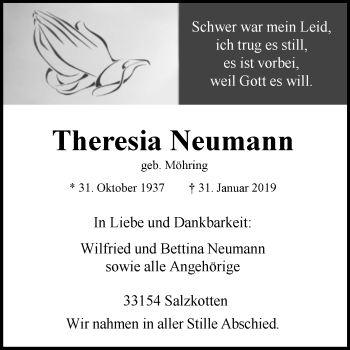 Traueranzeige von Theresia Neumann von Westfalen-Blatt