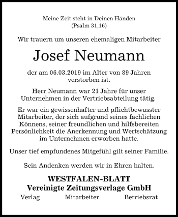 Traueranzeige von Josef Neumann von Westfalen-Blatt