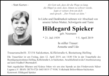 Traueranzeige von Hildegard Spieker von Westfalen-Blatt