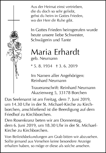 Traueranzeige von Maria Erhardt von Westfalen-Blatt