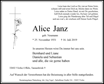 Traueranzeige von Alice Janz von Westfalen-Blatt