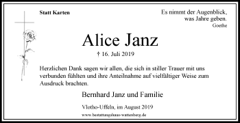 Traueranzeige von Alice Janz von Westfalen-Blatt