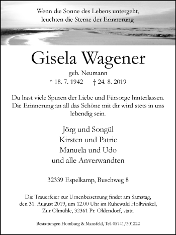 Traueranzeige von Gisela Wagener von Westfalen-Blatt