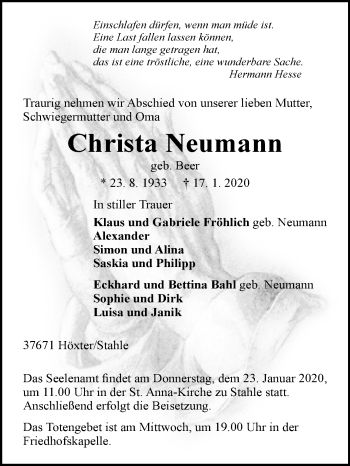 Traueranzeige von Christa Neumann von Westfalen-Blatt