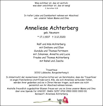 Traueranzeige von Anneliese Achterberg von Westfalen-Blatt