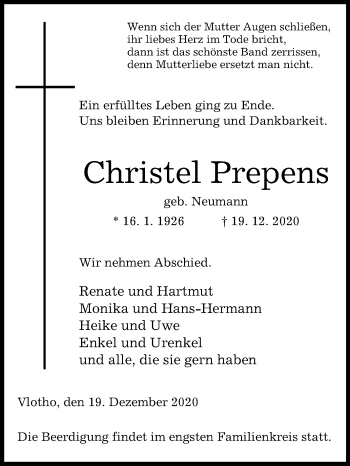 Traueranzeige von Christel Prepens von Westfalen-Blatt