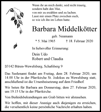 Traueranzeige von Barbara Middelkötter von Westfalen-Blatt