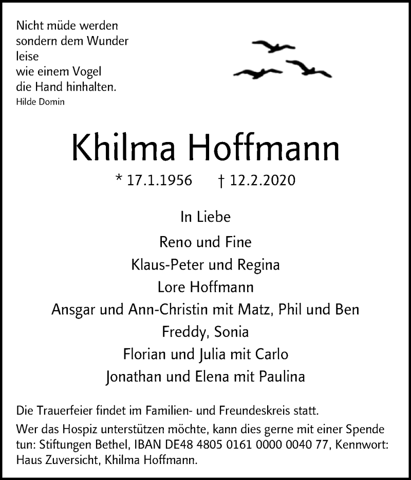  Traueranzeige für Khilma Hoffmann vom 22.02.2020 aus Westfalen-Blatt