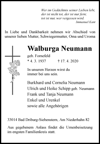 Traueranzeige von Walburga Neumann von Westfalen-Blatt