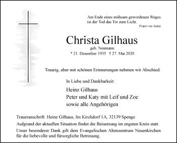 Traueranzeige von Christa Gilhaus von Westfalen-Blatt