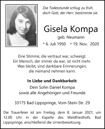 Traueranzeige von Gisela Kompa von Westfalen-Blatt